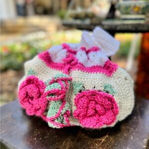Hand Crafted Crochet Pink and Green Rosettes Crossbody Bag